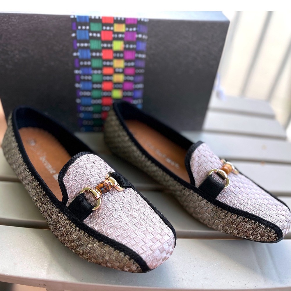 Bernie Mev Womens Woven Metallic Loafers Bamboo Bit Detail Gold Silver Size 38/7
